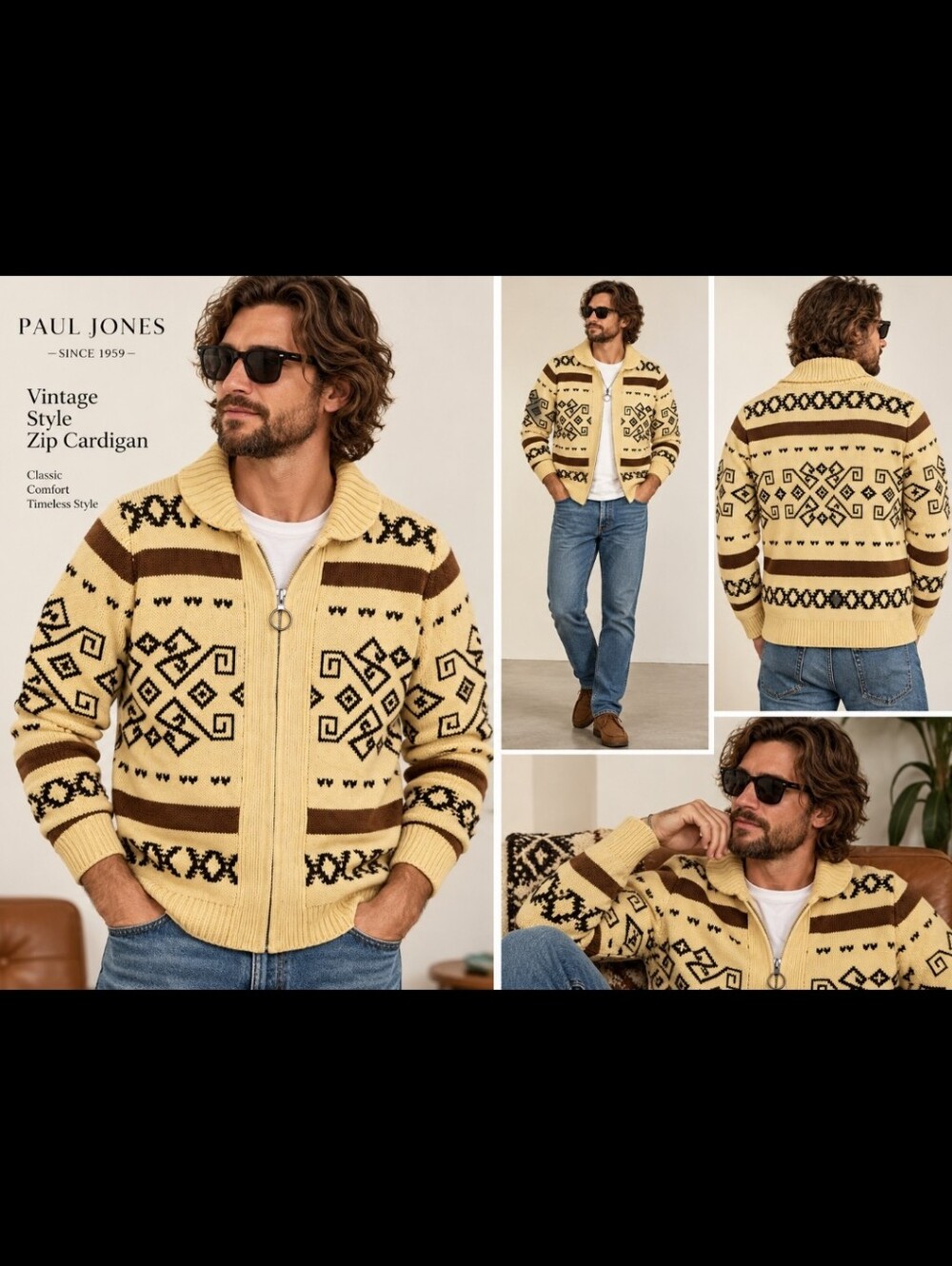 Paul Jones Big Lebowski Style Sweater Unisex S Aztec Geometric Zip Cardigan